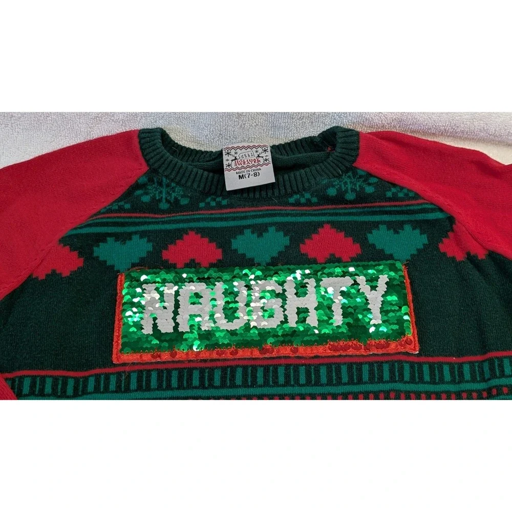 Naughty Nice Christmas Sweater Reversible Sequin Kids Size M (7-8) by Well Worn